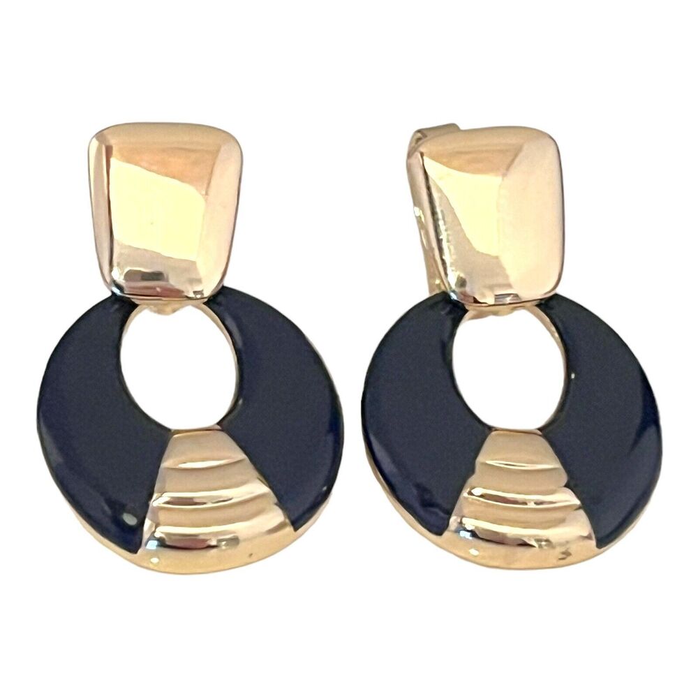 Vintage 1980s Doorknocker Earrings Clip On Gold Tone Black Enamel NOS - 3F